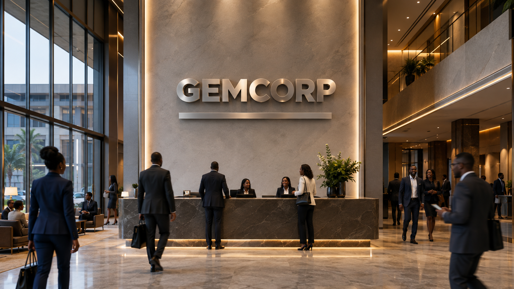 Átrio corporativo da Gemcorp com colaboradores e o logótipo na parede